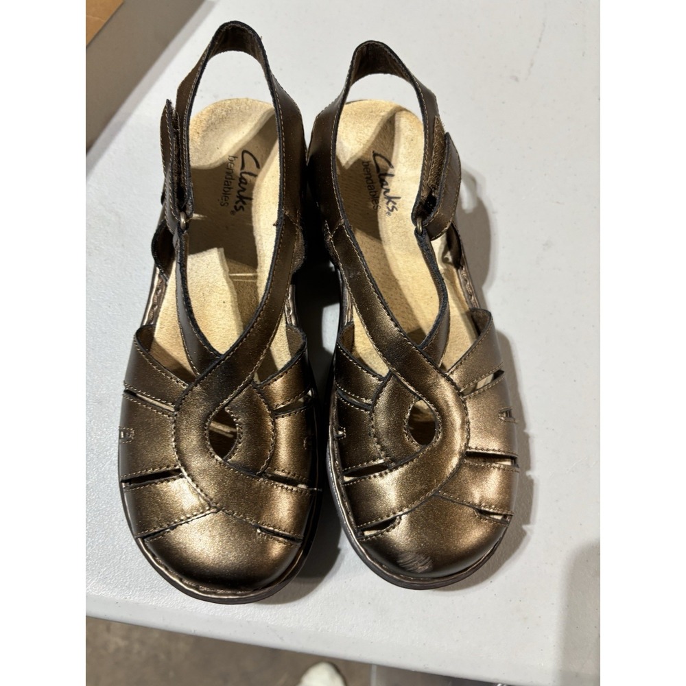 Clarks Bendables Leather Ankle Strap Metallic Brown Woven Sandals 81186 Women 7M